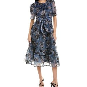 Gracia Blue Floral Sheer Ruffle Tiered Tulle Midi Dress Women’s Large